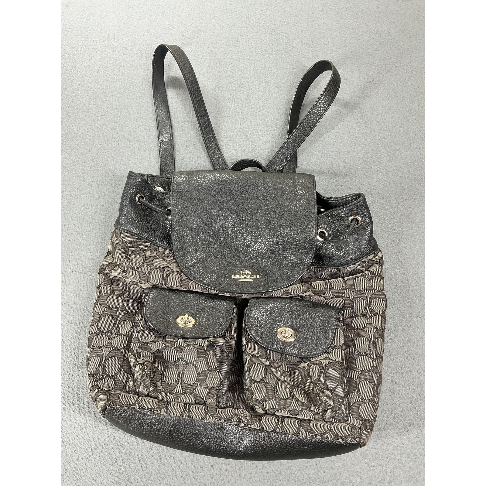 Coach Backpack Womens Medium Black Canvas Leather Signature Monogram Drawstring